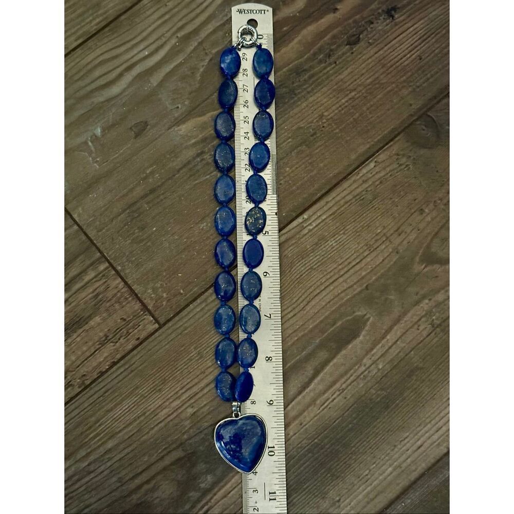 Natural Lapis Lazuli Heart Pendant Necklace 20" Sterling Silver Oval Bead Gift - Picture 3 of 4